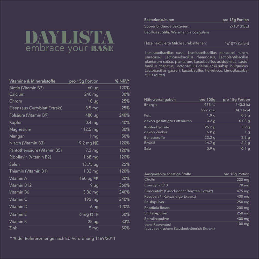 Lila Etikett mit Nährwerttabelle und Referenzmengen der Vitamine, Mineralstoffe, Bakterienkulturen und anderen Nährstoffe des Daylista "embrace your BASE" Nahrungsergänzungsmittels.