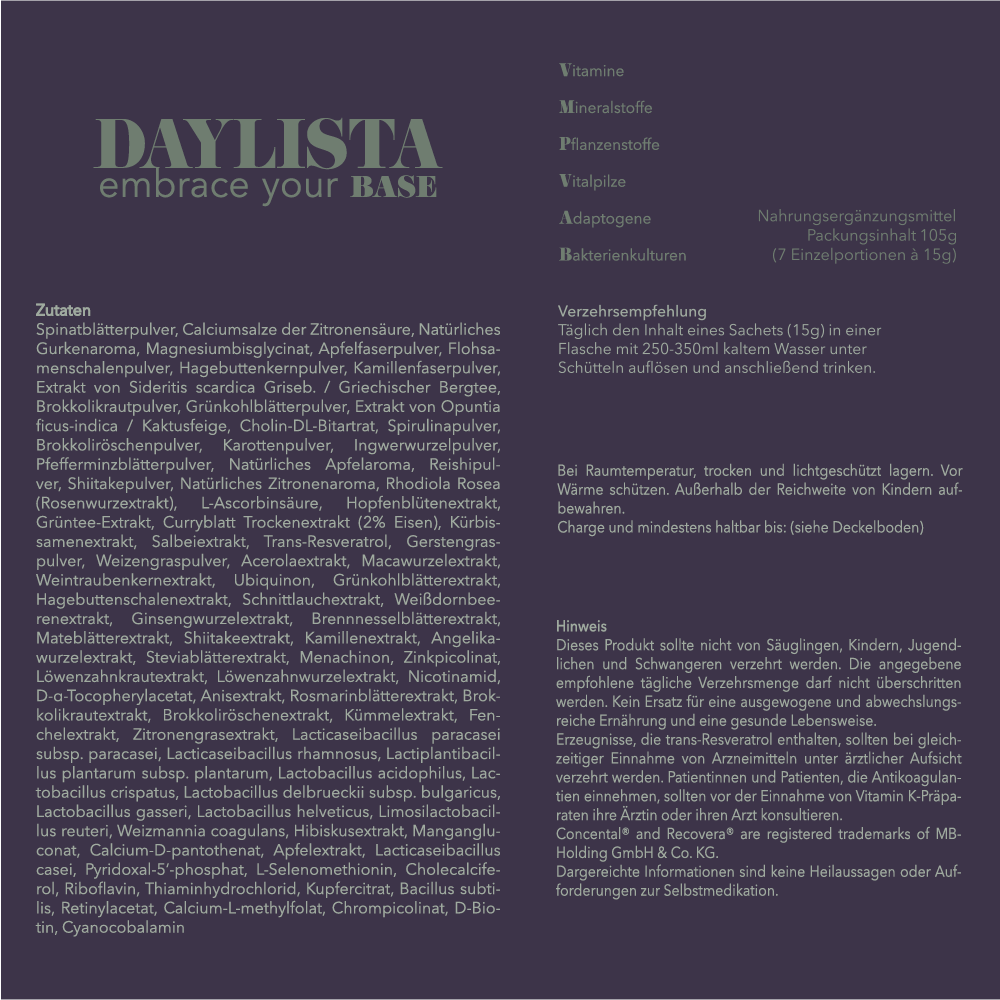 Lila Etikett eines Daylista-Sachets mit Zutatenliste, Verzehrempfehlung und Inhaltsstoff-Kategorien.